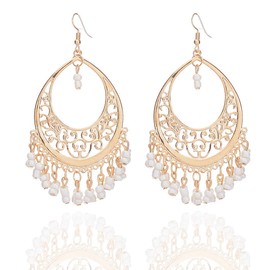 Bohemian Chandelier Coin Sequins Dangle Drop Earrings Ethnic Gypsy Beads Tassel Hoops with Disc Charms Boho Ear Jewelry Women-white beads