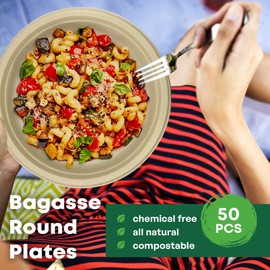 DISPOSABLE GREEN – Round Disposable Plates, Bagasse Serving Plates, Dinner Plates for Parties, Weddings, Catering, & More, Disposable Plates for Hot Food & Cold Food, 25 cm, 50-pcs