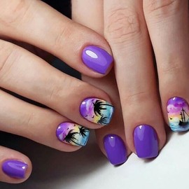 Summer Press On Nail Short Square Fake Nails Press Ons Purple With Coconut Tree Sea Design Stick On Nails Glossy False Nails Full Cover Summer Acrylic Glue On Nails For Women 24Pcs