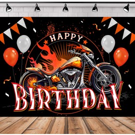 SVBright Motorcycle Happy Birthday Backdrop 5Wx3H for Boys Kid Motocross Racing Modern Cool Black Red Fire Dirt Bike Balloons Bday Decorations Photography Background Banner Photo Booth Studio