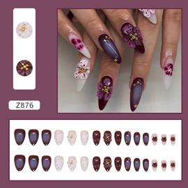 FOXIIU Press on Nails Almond Shaped Glossy Full Cover Acrylic Almond Medium Length False Nails with Designs Artificial Almond Fake Nails with Charm Glue ons Nails Stick on Fingernails for Women(Z876)