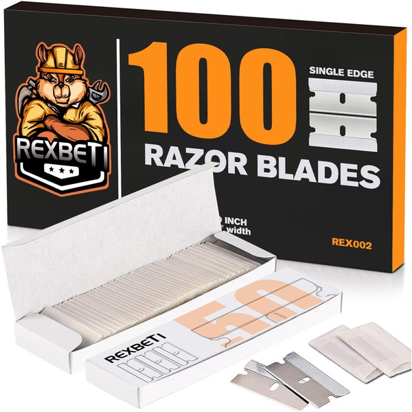 REXBETI 100PCS Single Edge Razor Blades, Industrial Razor Blades for Scraper, Suitable for Removing Labels, Decals, Stickers and Old Paint