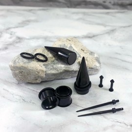 BodyJ4You 37PC Ear Stretching Kit - 14G-00G Beginner Gauges - Aftercare Jojoba Oil - Black Steel Tapers Single Flare Plugs Tunnels - Stretchers Expanders Eyelets