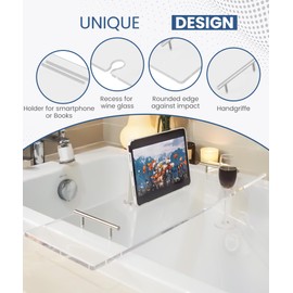 Ezcasch Acrylic Bathtub Tray Bathtub Tray Caddy Bath Tray Table for Tub Luxury Spa with Book and Wine Glass Holder Bathroom Accessories for Decorative Bathtubs, Transparent 31.5inch