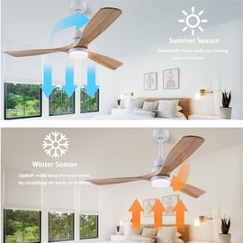 48" Wooden Ceiling Fan with Lighted Remote Control, Indoor Outdoor Wooden Ceiling Fan, Outdoor Modern Ceiling Fan with 3 Fan Blades for Patio, Living Room, Farmhouse, etc (White + Wood Color)…
