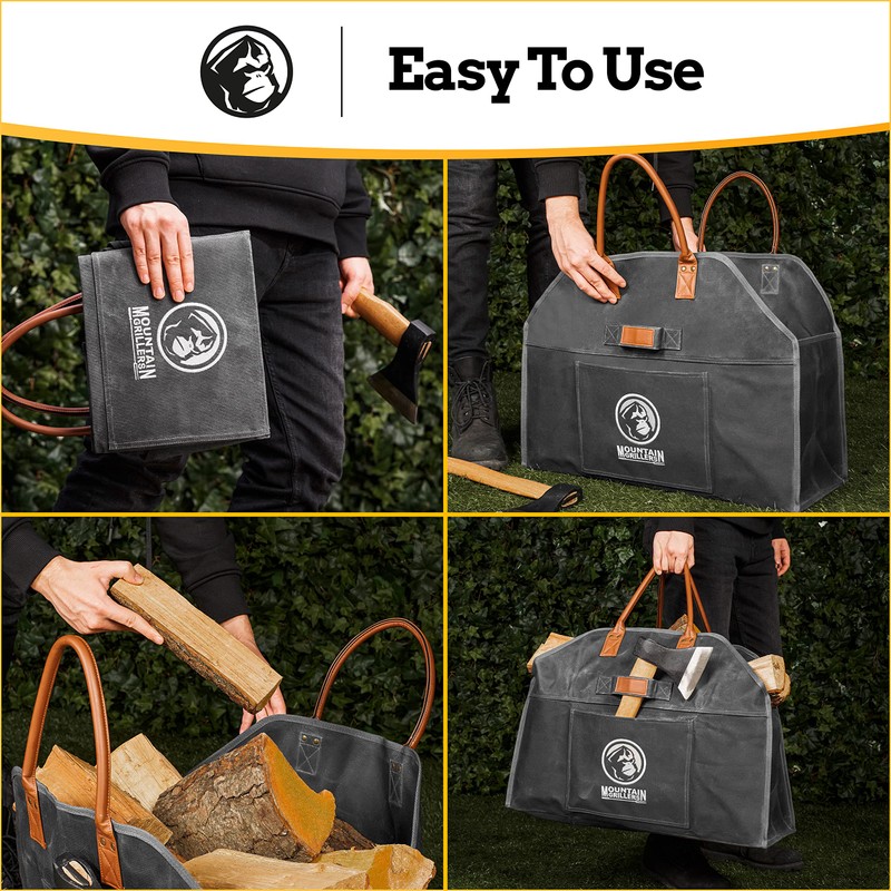 MOUNTAIN GRILLERS Heavy Duty Canvas Firewood Carrier - Features Reinforced