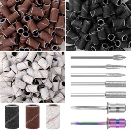 BELICOO Sanding Bands for Nail Drill, 300Pcs Coarse Fine Sanding Bands w/ 7Pcs Nail Drill Bits, 150#180#240#Grit Nail Sanding Bands for Manicures Pedicures, Electric Nail File Bits