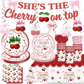 Xynic Cherry Party Decorations, She's the Cherry on Top Banner Hanging Swirls Plates and Napkins 2 Pcs Tablecloth Bow and Cherry On Top Baby Shower Birthday Bridal Shower Party Decorations