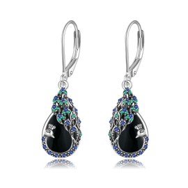 DAYLINLOVE Sterling Silver Black Onyx Peacock Earrings - Peacock Feather Jewelry