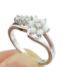 LARDROK Exquisite Round Cut White Created-Opal Stone Flower Created Opal Rings Women Jewelry Birthday Proposal Gift Bridal Engagement Party Band Rings