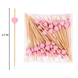 100 Pack Heart-Shaped Bamboo Toothpicks with Pink Decorative Love - 4.7 Inch Sturdy Appetizer Picks for Fruits, Desserts - Cocktail Picks for Weddings, Parties, Catering Events