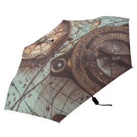 Poeticcity Vintage Pirate Compasses Retro Key Openers Ancient World Maps Folding Umbrella, Anti-UV 3 Folds Lightweight Parasol, Compact Windproof Strong Umbrellas for Car Travel Sun & Rain
