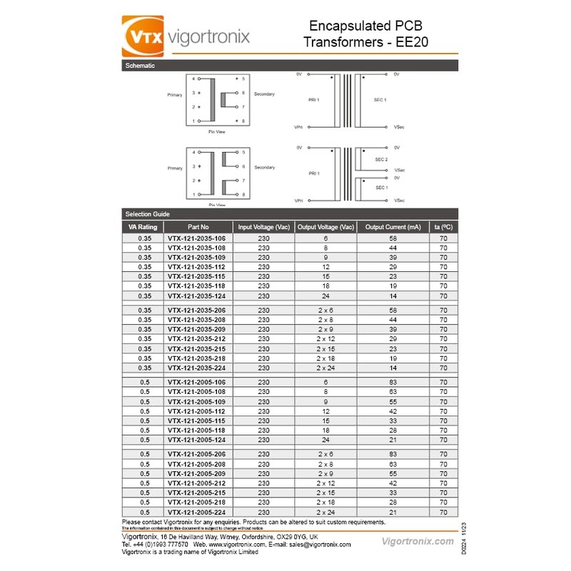 VIGORTRONIX 0.5 VA Encapsulated PCB Mains Transformer 0-230 V :