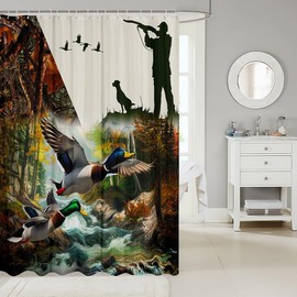 Erosebridal Duck Hunting Shower Curtain Wild Animal Mallard Duck Hunting Theme Bathroom Decor Dog Hunter Bath Curtain Flying Duck Curtains Dog Rustic Farmhouse Waterproof Curtains,72" W x 72" L