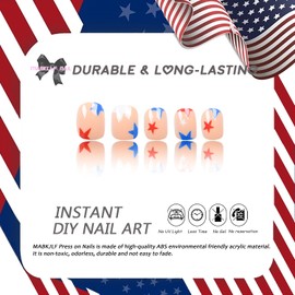 4th of July Press on Nails Short Square Fake Nails Nude Full Cover Glossy Glue on Nails Red Blue Star False Nails with Designs Acrylic Nails America Flag Artificial Nails for Women Girls 24Pcs