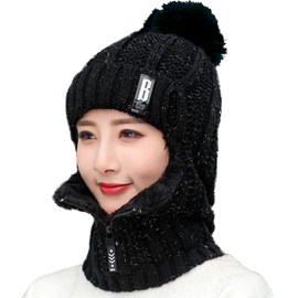 WANYIG 2 in 1 Winter Knitted Hat Scarf Hat Set Winter Hat Beanie Women's Warm Loop Knitted Scarf Windproof Cap with Fleece Lining 55-60 cm, black