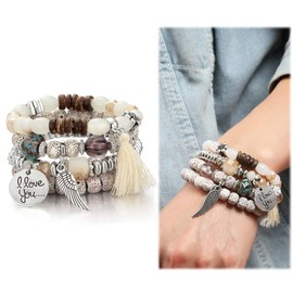 SEVENSTONE Bohemian Stretch Multilayer Stackable Women Girls Crystal Beaded Strand Bangle Charm Stretch Bracelet Beach Boho Jewelry