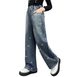 Rolanko Girls Jeans Baggy Wide Leg Denim Pants Elastic Loose Kids Jeans (Bow, 10-11 Years)