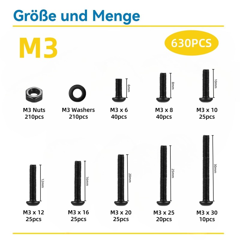 WZHUIDA 630 Piece M3 Screws Set, Black Metric Rounded Head