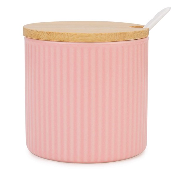 Chase Chic Ceramic Sugar Bowl, Sugar Pot with Wooden Lid and Porcelain Spoon 8.4oz/250ml in Stripe Shape, Suit for Coffee Bar, Kitchen and Home Breakfast, Matte Pink