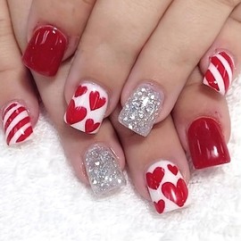 Red Love Heart Press on Nails Short Square Valentines Day Fake Nails with Red Heart Design Silver Glitter False Nails Valentines Heart Glue on Nails Stripes Artificial Stick on Nails for Women Girls