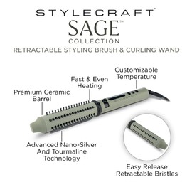StyleCraft Sage 2-in-1 Ceramic Barrel Styling Brush and Curling Wand with Retractable Bristles, Tourmaline Technology, and Customizable Temperatures