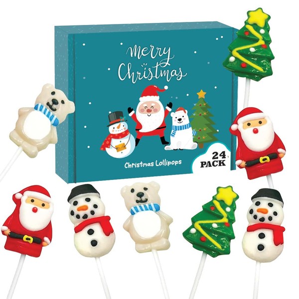 Christmas Lollipops - Holiday Suckers - 24 Individually Wrapped Bulk - Christmas Candy Variety Pack - Santa, Christmas Tree, Snowman, Polar Bear - Stocking Stuffers - Candy Bags - Xmas Party Favors - Christmas Gifts for Classroom - Winter Holiday Treats 