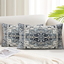 SZXYCZL 2Packs Boho Pillows Covers 12×20 inch, Linen Bohemia Carpet Pattern Decorative Couch Throw Cushion Covers for Living Room Bed Outdoor Pillow Case-Navy Blue