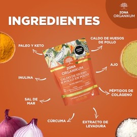 ZONA ORGANIKUMCaldo de hueso de pollo en polvo Bone Broth, paleo y keto, con inulina y pptidos de colgenoBolsa con 8 sobres individuales de 15 g cada 