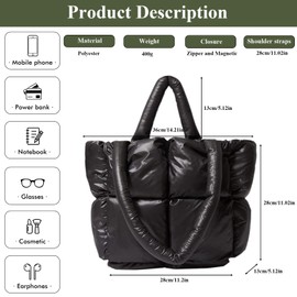 OWGSEE Puffer Tote Bag, Soft Puffy Bags for Women Light Winter Down Cotton Padded Quilted Tote Bag Shoulder Handbag Purse (Black)