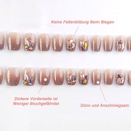 Auriselle Press on Nails Short Pack of 30 French False Almond Nails Artificial Pink Colour Gradient Soft Gel Nails with Design 3D Flower Diamonds Perfect for Manicure at Home