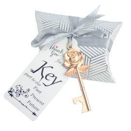 50 Set Skeleton Rose Key Bottle Openers with Candy Box In Antique Vintage Style Escort Tags French Ribbon As A Gift Souvenir At Wedding Party Supplies (Rose Gold)