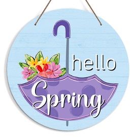 Hello Spring Sign for Front Door, Umbrella Welcome Door Sign Decoration, Welcome Spring Round Decorative Wall Sign, Rustic Wooden Hanging Sign for Farmhouse Home Porch Living Room -12