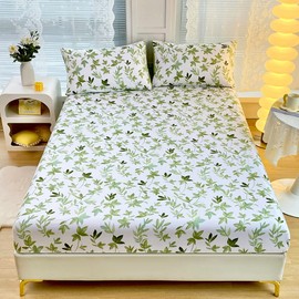 Mateju Single Fitted Sheets Floral Pattern, Soft Microfiber Bed Sheets with Deep Pocket 25 cm Breathable Fade Resistant Single Double King Size Bed (90x200x25cm,Green Leaves)