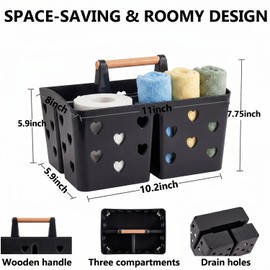 Black Portable Shower Caddy, Plastic Basket Organizer with Wooden Handle