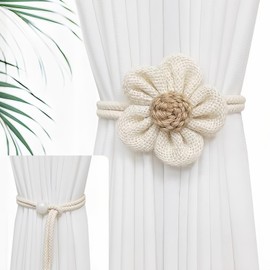 Pack of 2 Curtain Tiebacks, Adjustable Flower Design Curtain Holders, Cotton Curtain Tiebacks with Secure Safety Pins, for Bedroom, Living Room & Bathroom (Beige)