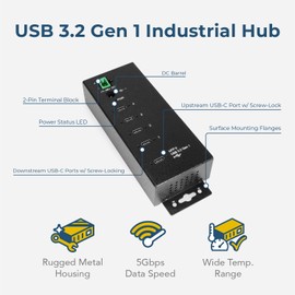4-Port USB-C 3.2 Hub w/ 15KV ESD Surge Protection DIN Rail Mount