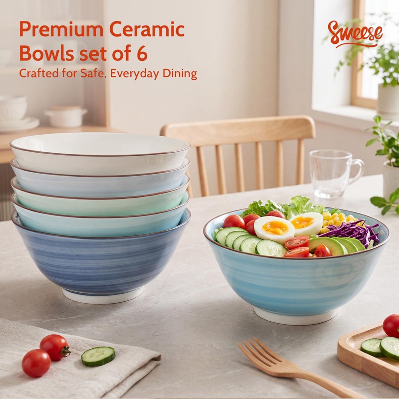 18 oz Ceramic Soup Bowls Set of 6, Blue Pasta