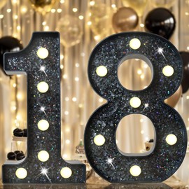 8.8" Decorative LED Light Up Numbers, Glitter Marquee Numbers Lights for 18th Birthday Decorations, Shiny Lighted Number Sign for Birthday Party Wedding Anniversary Home Decor, Glitter Black 18