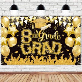 8th Grade Graduation Photo Backdrop Blue, 45.3’’ x 70.8’’ Eighth Grade Graduate Class of 2025 Photo Booth Props Background, Kids Classroom Banner 8th Graduation Party Decorations 2025 (Black Gold)