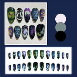 ONPRESS 24Pcs Gothic Press on Nails Medium Almond Fake Nails Gold Star Moon Line French Acrylic False Nails Rabbit Elk Horse Animal Full Cover Glue on Nails Purple Starry Sky Stick on Nail for Women