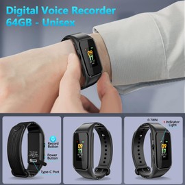 Volorful 64GB Voice Recorder Bracelet – Password Protection, One-Touch Recording, 1536KB HD Timed Recording, Voice Activated Recorder with DSP Noise Reduction for Meetings Interviews Classes
