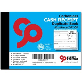 Cherry Carbonless (NCR) Cash Receipt Book Duplicate A6 50 Sets Numbered 1-50 Perfect for The Self Employed and Taxis **6 Pack**