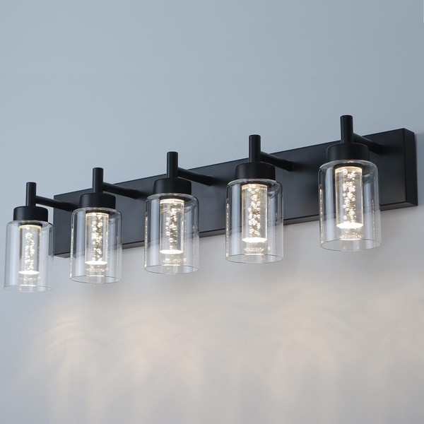 VINLUZ 5-Light LED Bathroom Vanity Light Fixtures, Metal Black Finish