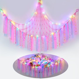 MHJY Toy Hammock Stuffed Animals Storage Net Soft Cuddly Toys Large Corner Hanging Net With LED Light Hand Woven Plush Macrame Organizer with Tassel for Kids Bedroom Nursery