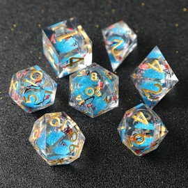 Liquid Core DND Dice Set, 7 Pieces, Quicksand Polyhedron Resin Dice with Sharp Edges for Dungeons and Dragons, RPG D20 D12 D10 D8 D6 D4 Dice, Koi Fish Ocean Themed D&D Role Play Dice