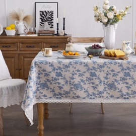 Fantastshop Pastoral Rectangle Tablecloth - Cotton Linen Washable Table Cloth with Blue Floral Patterns - Farmhouse Style Vintage Table Cover with Lace Trim for Dining Table Decor. 60 x 102 Inch.