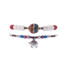 Handmade Nepalese Bracelet with Elephant Charm - Adjustable Tibetan Buddhist Prayer Silver Brass Beads, Bell, Natural Stone & Turquoise Lucky Bracelet, Boho Gypsy Lucky Rope for Women (Silver-2Pcs)