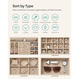 SONGMICS Caja de Joyas,Caja Joyero de 4 Niveles,Estuche de Joyería,3 Cajones,Tapa de Cristal,Amplio Espacio,Blanco Nube y Dorado MJBC161W01.