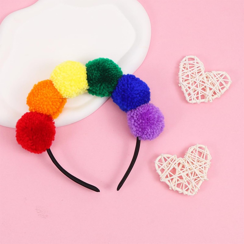 Sprinlot Headband with Pompoms Colourful, Pompom Tiara Rainbow, Rainbow Headband,